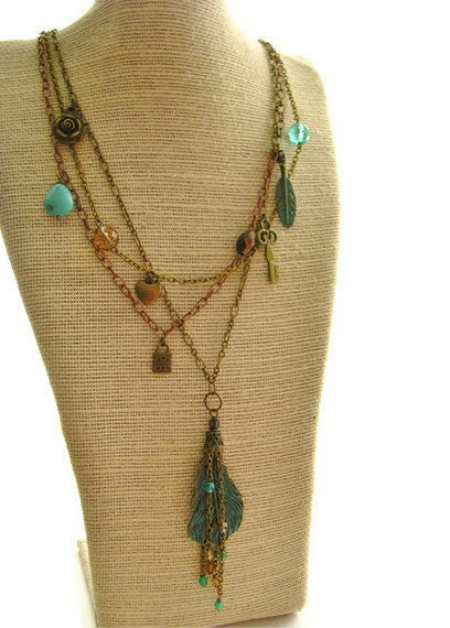 Gypsy Feather Multi-Strand Necklace With Bohemian Style Charms, Turquoise Magnseite and Vertigris Patina, Long 26 Inch - heversonart