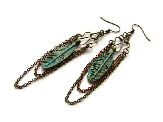 Gypsy Feather Earrings in Vertigris Patina With Antique Brass and Copper Chain in Bohemain Style - heversonart