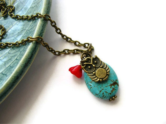 Owl and Red Flower Brass Necklace with Turquoise Magnesite - Chubby Owl