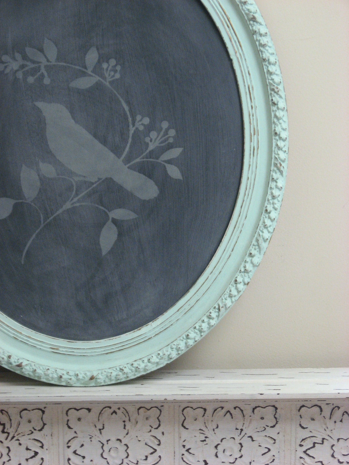Antique Aqua Framed Chalkboard, Turquoise Blackboard, Shabby Chic Bird