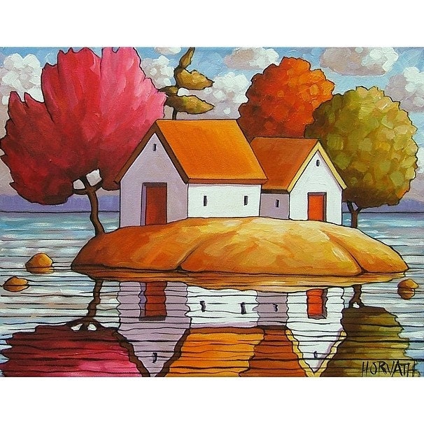 ORIGINAL PAINTING ABSTRACT FOLK ART Cottage Landscape Art Modern Colorful Contemporary Artwork by Catherine Horvath Buchanan 14x18