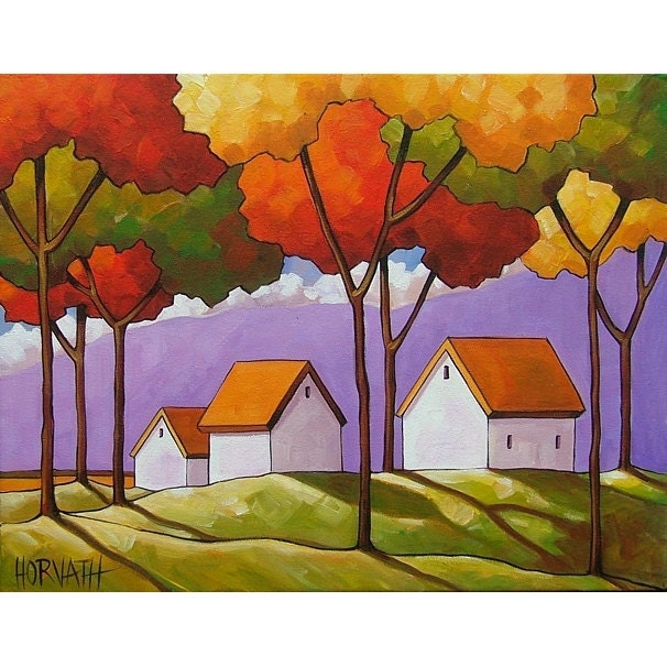 ORIGINAL PAINTING Folk Art Abstract Purple Mountains Trees Landscape Colorful Contemporary Fine Artwork by Cathy Horvath Buchanan 14x18