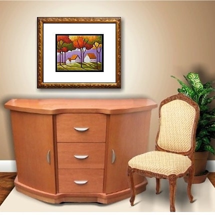 ORIGINAL PAINTING Folk Art Abstract Purple Mountains Trees Landscape Colorful Contemporary Fine Artwork by Cathy Horvath Buchanan 14x18