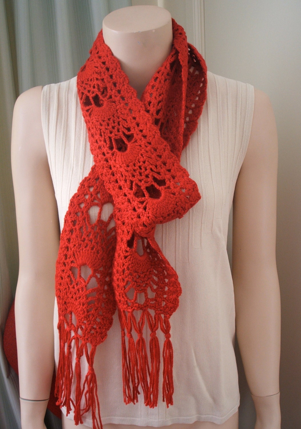 Hand crochet lacy scarf neckwarmer red boho gypsy