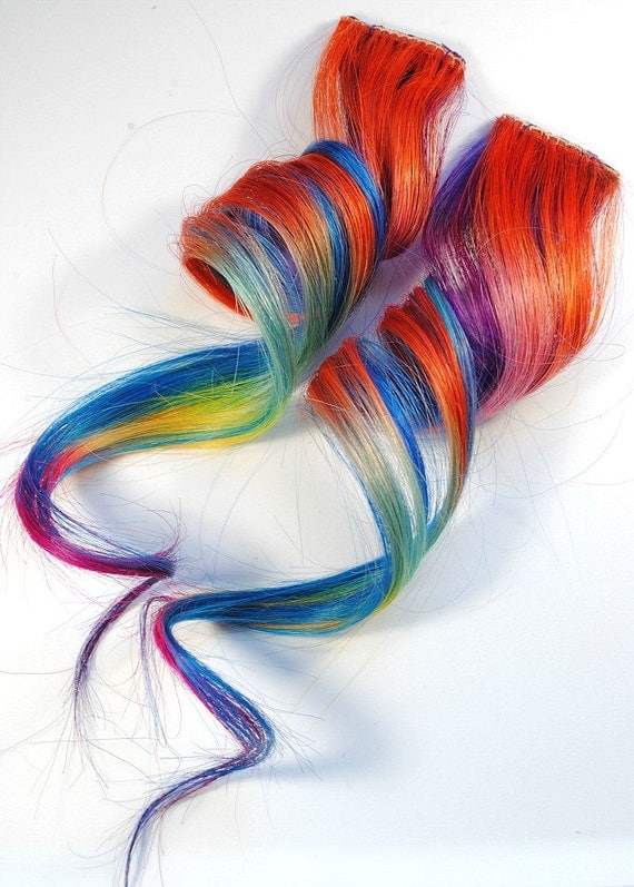 Mango Mambo / Human Hair Extension / Orange Blue Green Yellow Pink Purple / Long Tie Dye Colored Hair
