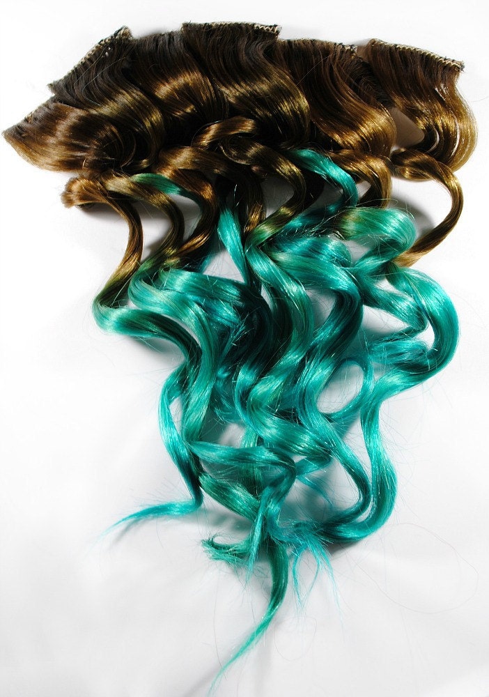 Ombre Sea Dreams - Brown Turquoise Dip Dye Tips - Human Hair Extensions Brunette - / Tie Dyed Clip Ins // Blue Mermaid Hair