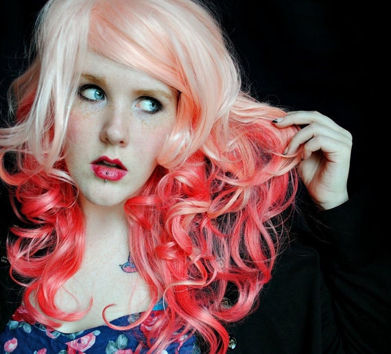 Coral Peach Love / Human Hair Extension / Lavender Purple Pink Peach / Long Tie Dye Colored Hair
