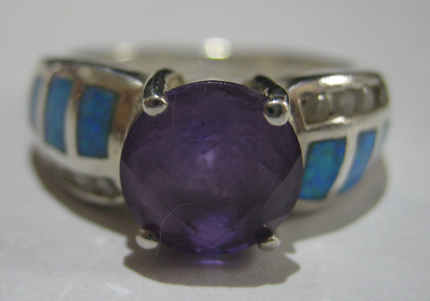 Very Attractive Sterling Silver Ring with Purple Amethyst Gemstone Setting with Opal and Rhinestones Ladies Size 6