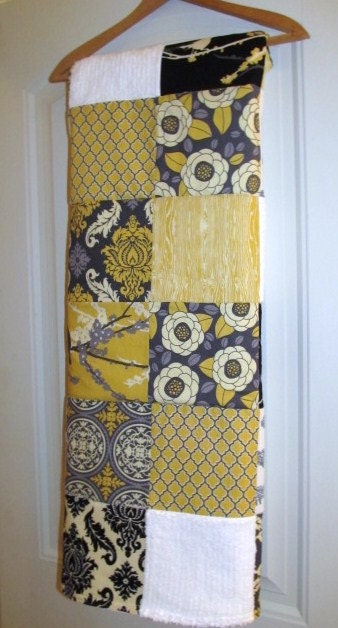 Baby Blanket  Aviary Yellow, Gray, Black and White Patchwork Baby Blanket / Quilt - Cotton Desinger Fabric, Chenille and Flannel