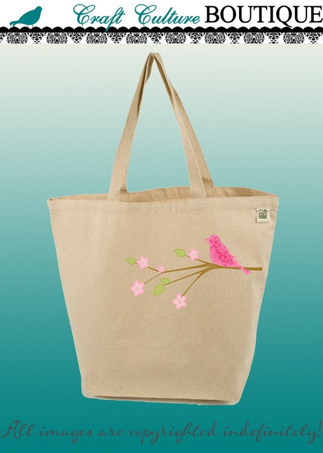 Canvas Tote Bag-Large Carry All Recycled Organic Tote- Birds Branches 2-Pink Bird On Branch