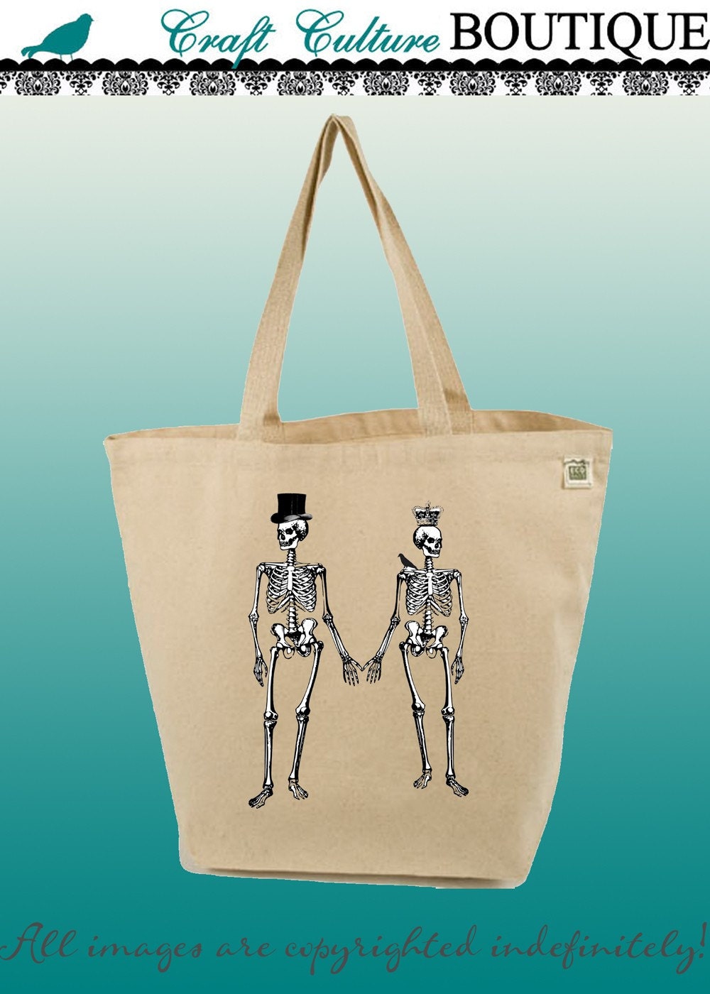 Canvas Tote Bag-Large Carry All Recycled Organic Tote- Spooky Love-Skelton Couple-Halloween-Fun