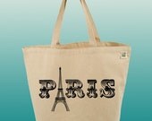 Canvas Tote Bag-Large Carry All Recycled Organic Tote - Paris-Typography-Eiffel Tower