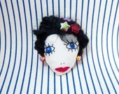 EDITH- brooch in silk, painting, knitting yarn, pearls, red and black