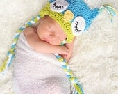 Newborn Boy Photography Prop Sleepy Owl Hat Blue and Green