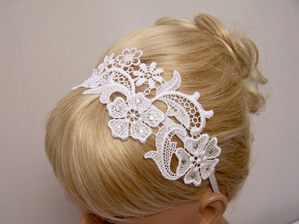 Phalenopsis lace headband with crystals white