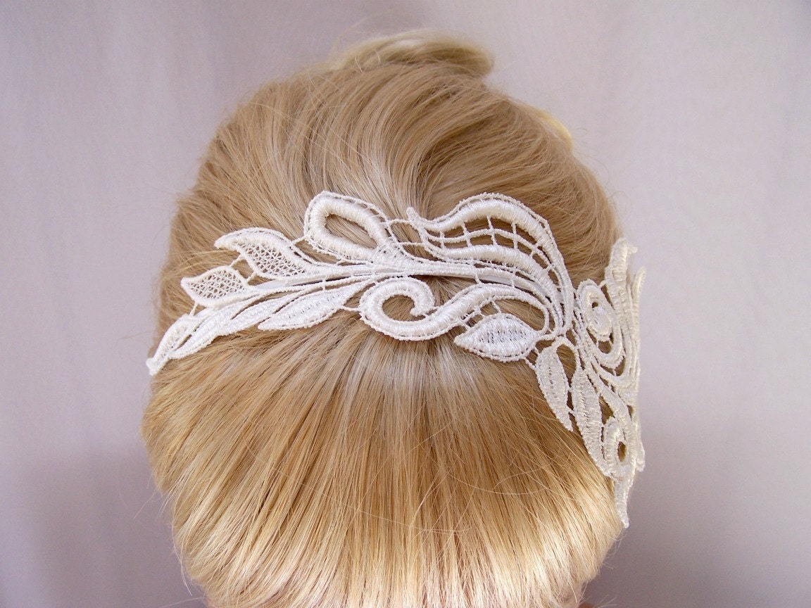 Delphinium lace headband ivory