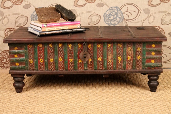 RESERVED for JANE Reclaimed Wood Coffee Table Storage Trunk Rustic Red Green