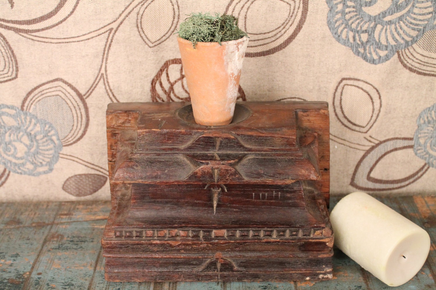 FREE SHIPPING Dark Brown Table Top Rustic Upcycled Architectural Elements Candle Stand