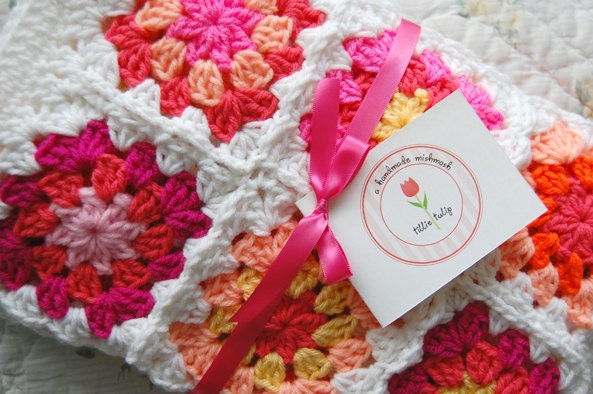 RESERVED Custom Order - Bright Pink and Orange Patchwork Baby Granny Square Afghan Blanket Baby Shower Gift