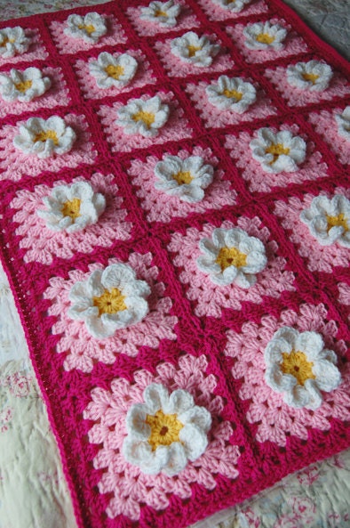 Daisy Flower Pink Granny Square Patchwork Baby Granny Square Afghan Blanket Baby Shower Gift