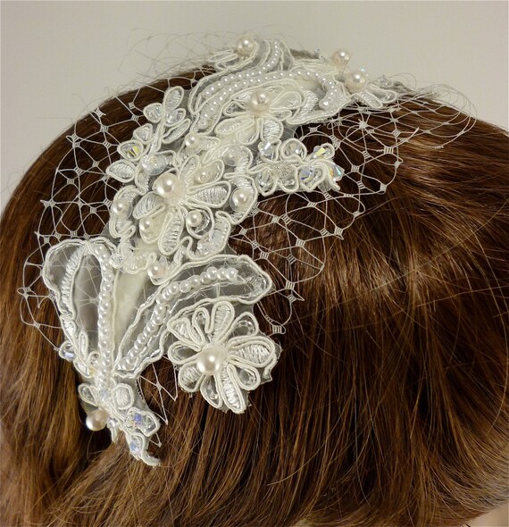 Wedding Headband, Ivory Lace Headband, Bridal Headband, Bridal Accessory, Swarovski Crystals, Swarovski Pearls