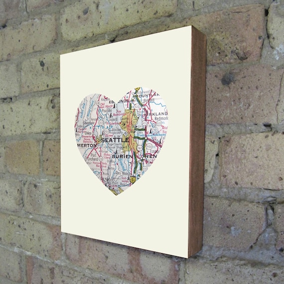 Seattle Washington Art City Heart Map - Wood Block Art Print
