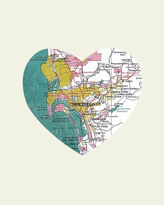 San Diego Art City Heart Map - 8x10 Art Print California