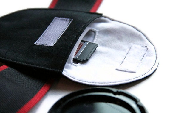Camera Lens Cap Holder with Memory Card Pocket  - holds up to 77mm - Choose Custom Fabrics - Made to Order