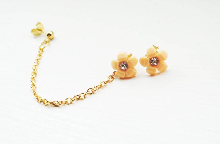 Ear Cuff Chains Gold Pair Peach Flower Studs Rhinestones Ear Wrap Earcuff