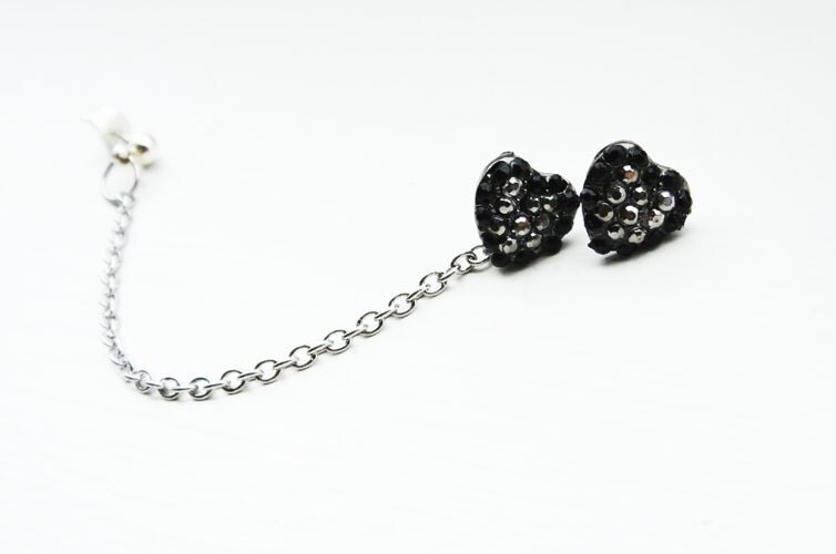 Ear Stud with Chains Silver Black Heart Rhinestone Studs Ear Wrap Stud Cartilage