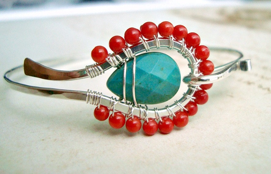 Turquoise Red Coral Bangle, Sterling Silver Hammered Bangle With Faceted Turquoise and Red Coral