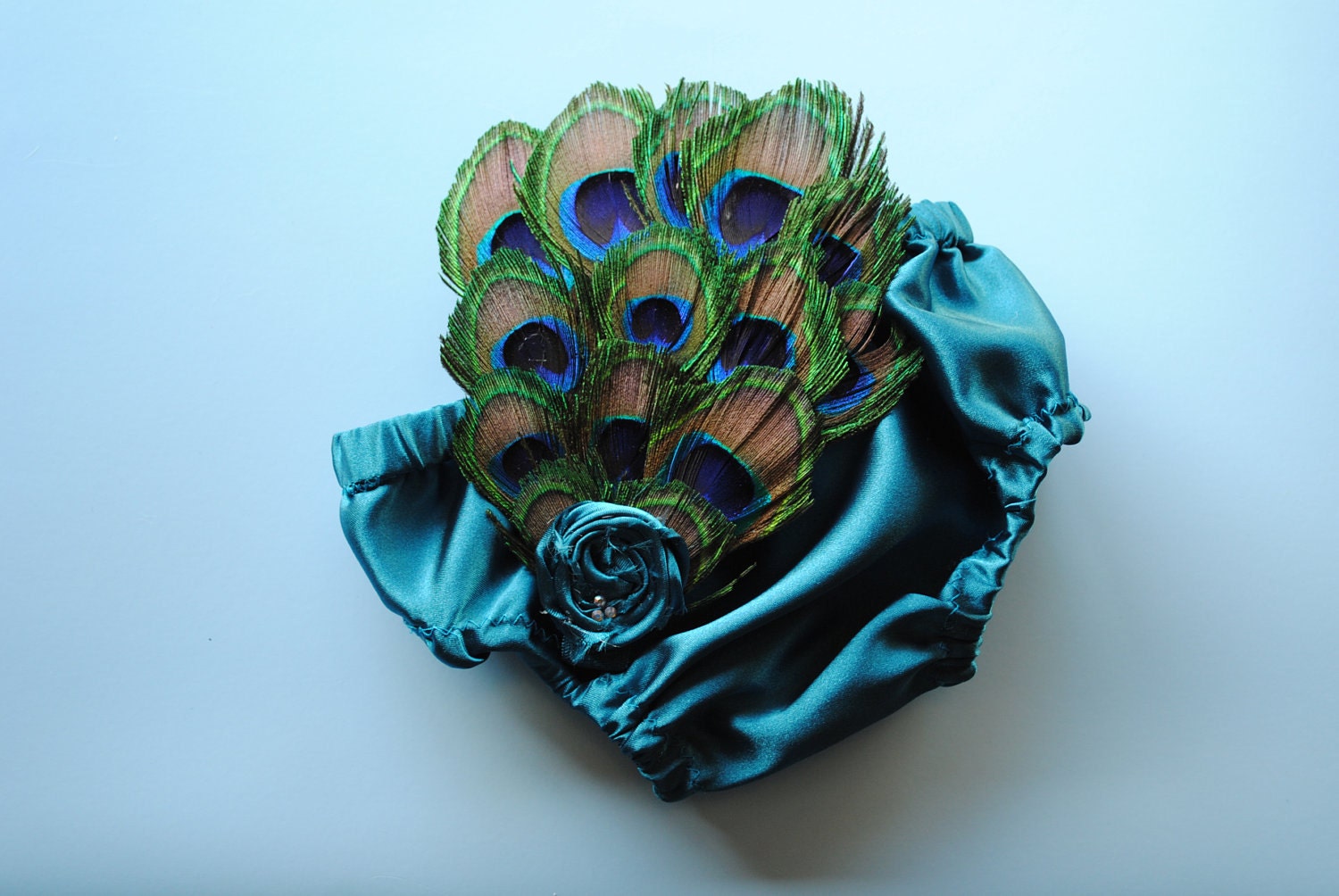 Peacock diaper cover- bloomer matching elastic headband feather fascinator rosette and swarovsky crystals