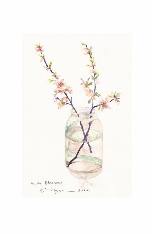 Apple Blossoms, Print of watercolor Painting, 6"x9" on 8"x10" card stock
