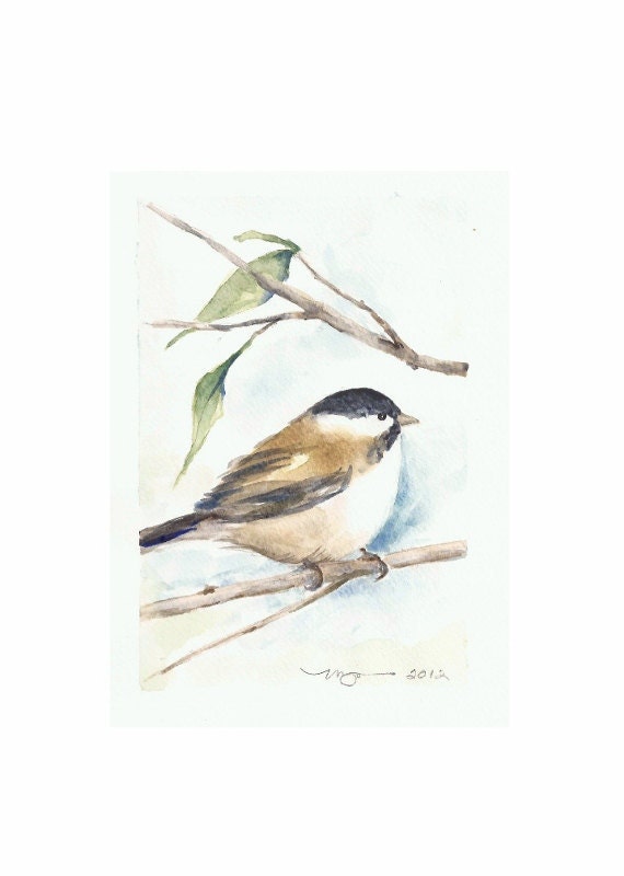 Chickadee, Print of Watercolor Painting, 5"x7" on larger paper