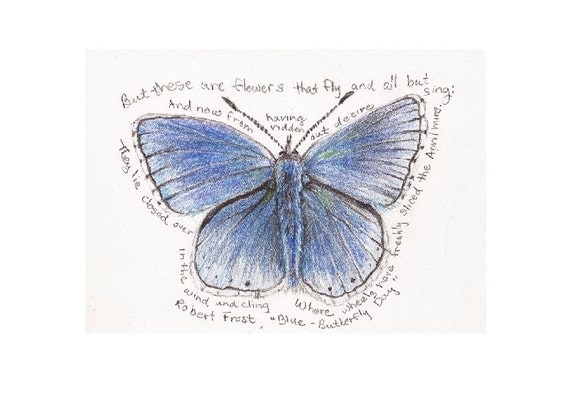 Blue Butterfly with Robert Frost poem print, 8" x 10"