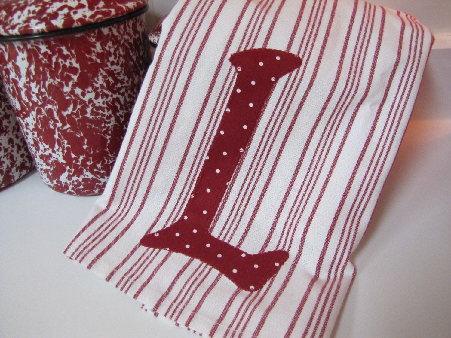 Adorable Red and White  Kitchen Towels with personalized monogram -  Set 0f 4 Towels