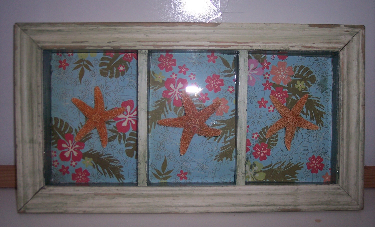 Coastal Home Decor Dancing Starfish Tropical Shadow Box with Chippy White and Green Paint Wall Decor Coastal Inspired