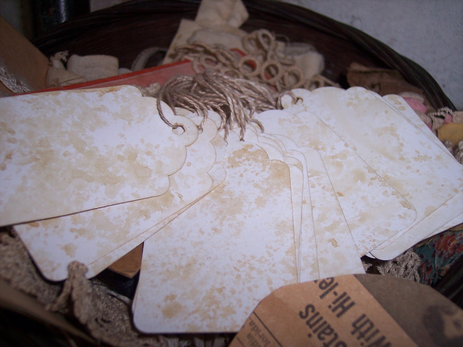 RESERVED for Mayte- 120 Antiqued White Scallop Coffee Stained Blank Gift Tags for your own Embellishments, Stamps, Crafting Set of 120