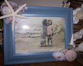 Blue Vintage Inspired Framed Print of Beach Girls in Coastal Decorated Pink and Ivory Sea Shell Frame with Starfish Sea Urchin