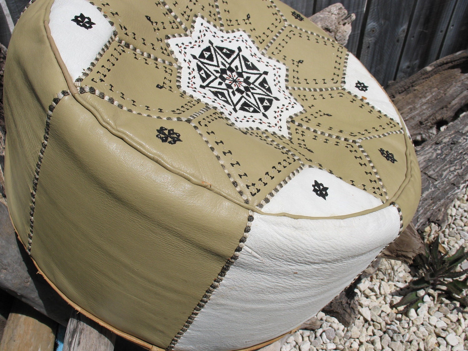 SALE-  Vintage Leather Embroidered Footstool from Latin America in Neutral Beige and Ivory