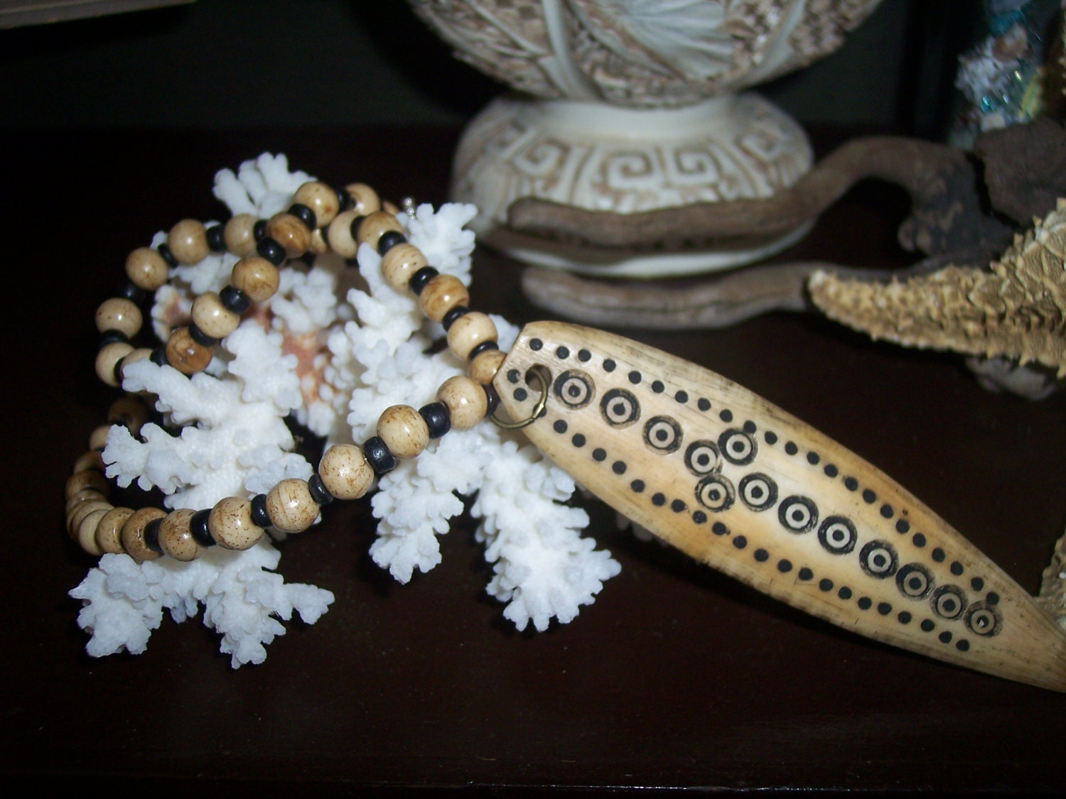 Tribal Bone and Shell Surfs Up Necklace Surfer Style Vintage Surfboard HandCarved Pendant