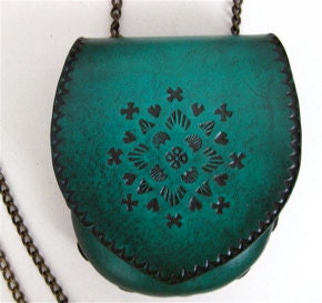 SALE Small Molded Leather Folk Style Tooling in  Dark Teal Turquoise Bag Karen Kell Collection
