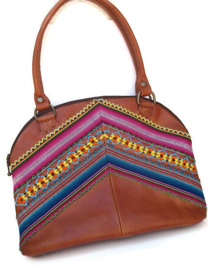 Hand Punched and Embroidered Marisol Leather Tan Bag