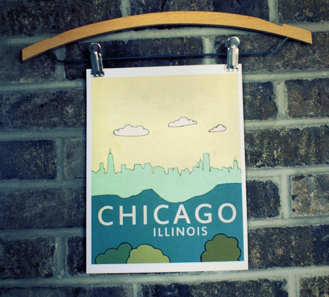 Chicago City Skyline Art Print - Chicago No.2 - Travel City Skyline Illustration and Typography Poster