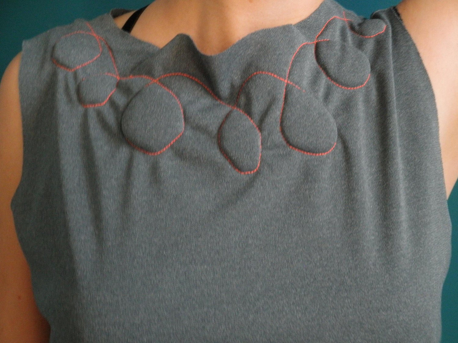 straight daytime dress, blue gray with padded pebbles