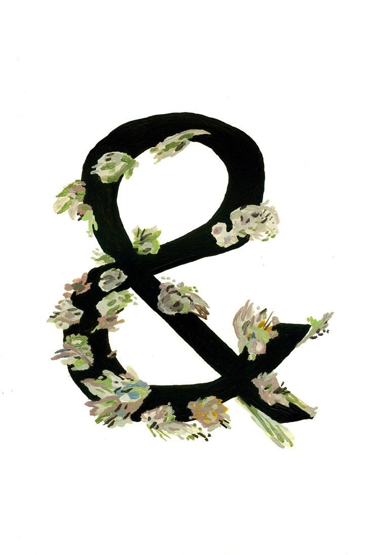 Painting of an Ampersand with flowers, original artwork, drawing, alphabet,  illustration, green, brown, wedding, 8.3 x 11.7