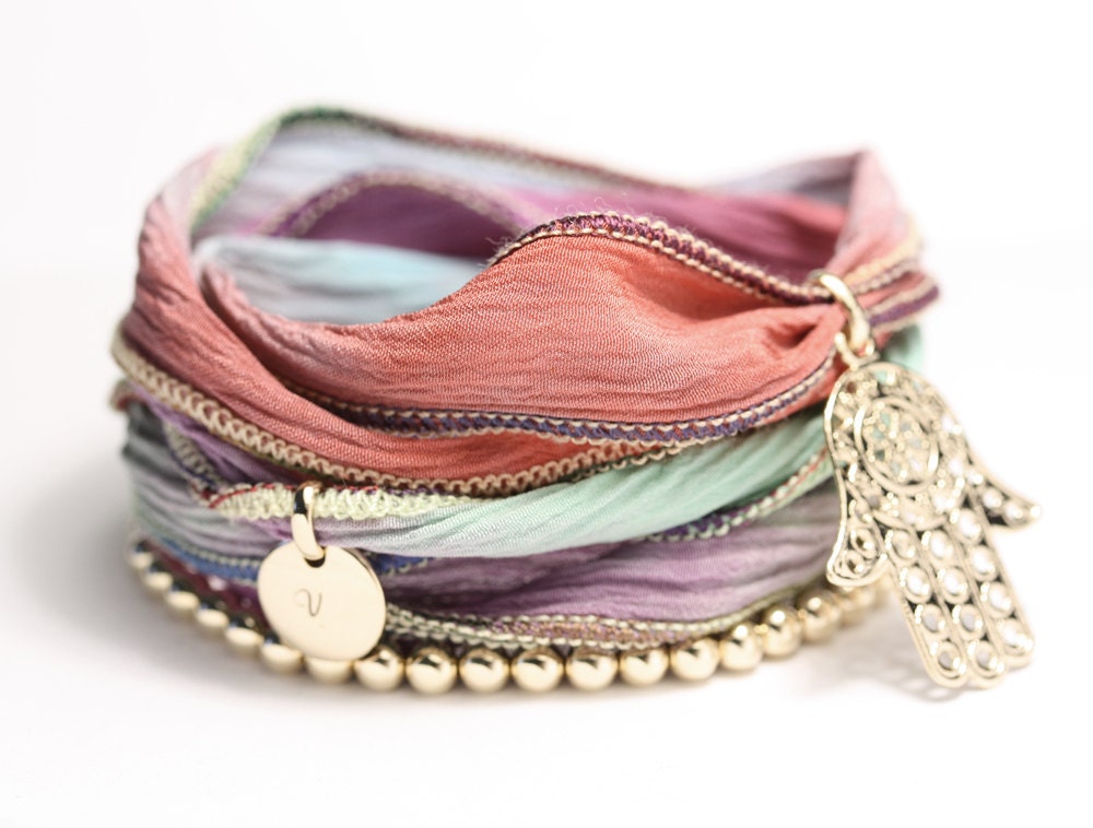 Hamsa charm, silk wrap, handstamped charm, goldfilled, goldplate, set of two bracelets,