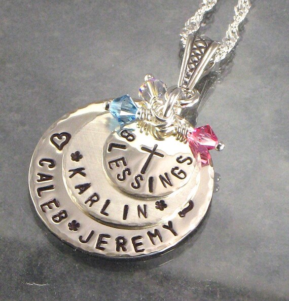 Hand Stamped Mother's Blessings Necklace with Cross - Family  Name Pendant - Three Sterling Silver Layered Discs for Mommy