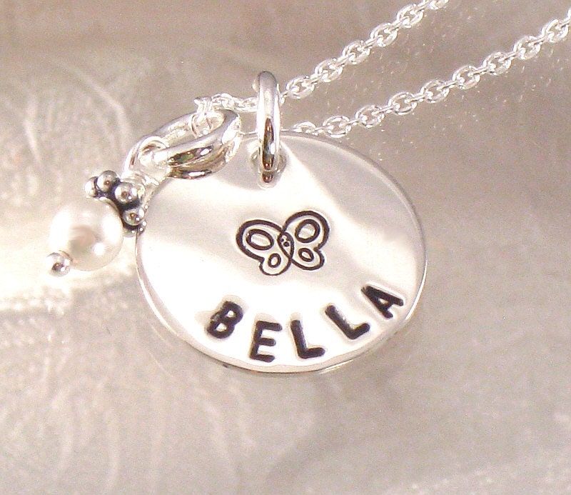 One Name Girl's Necklace -  Personalized with Hand Stamped Name and Choice of Design on Sterling Silver Disc