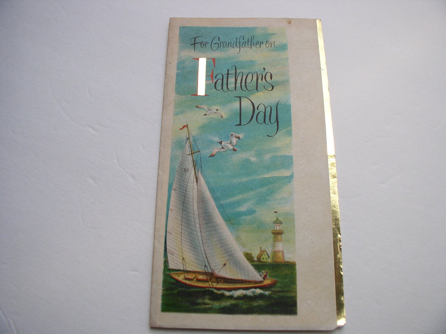 Vintage Fathers Day greeting card-Grandfather sailboat lighthouse